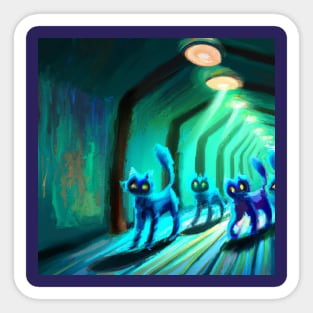 Several Blue Cats March Down a Hallway in an Underground Base Sticker